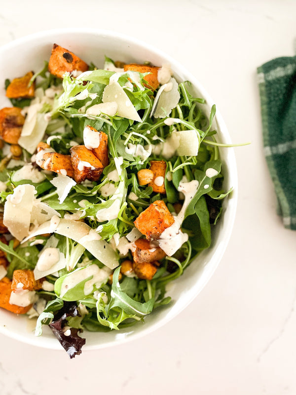 Roasted Sweet Potato & Chickpea Caesar Salad