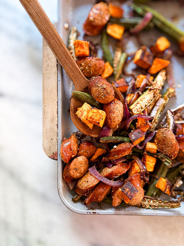 Roasted Andouille Sausage with Sweet Potatoes & Okra