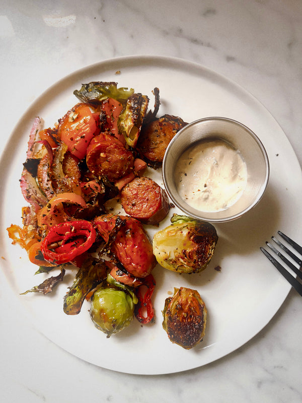 Sausage, Brussels Sprouts, and Peppers with Tangy Dijon Sauce
